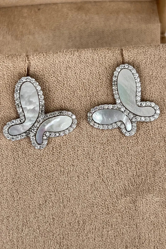 925 Silver with Mother Of Pearl Cubic Zirconia Stud Butterfly Earring Jewelry - Silver - Earrings