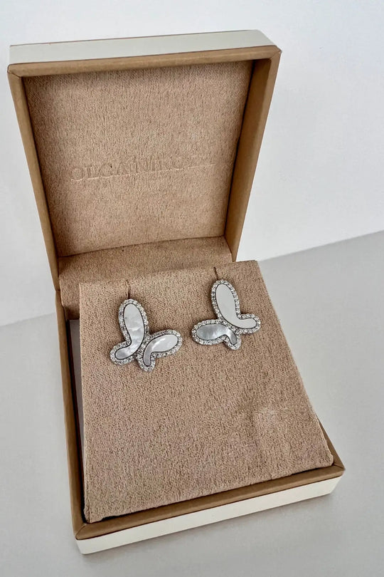 925 Silver with Mother Of Pearl Cubic Zirconia Stud Butterfly Earring Jewelry - Silver - Earrings