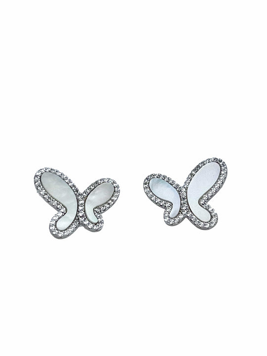 925 Silver with Mother Of Pearl Cubic Zirconia  Stud Butterfly Earring Jewelry