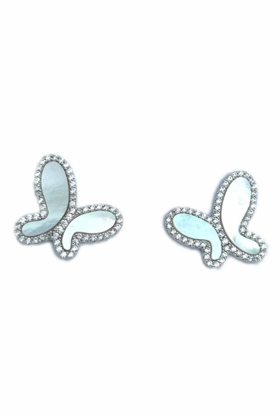 925 Silver with Mother Of Pearl Cubic Zirconia Stud Butterfly Earring Jewelry - Silver - Earrings