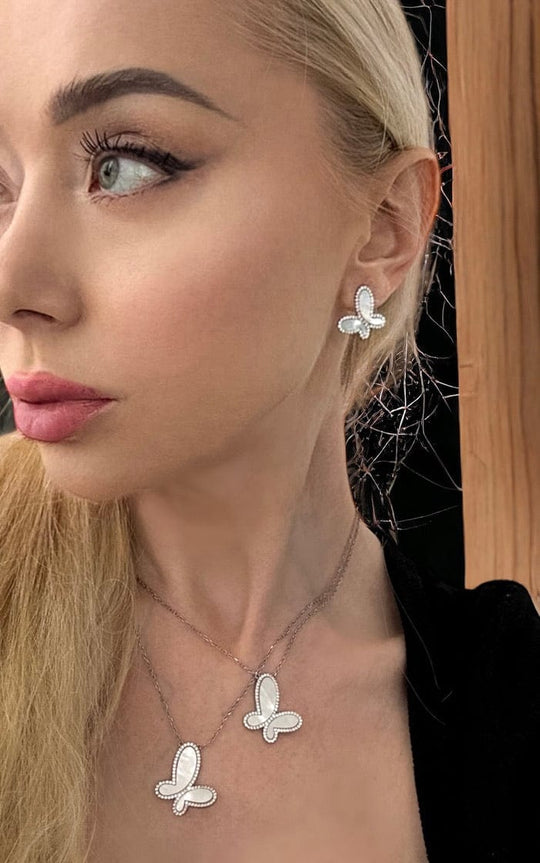 925 Silver with Mother Of Pearl Cubic Zirconia  Stud Butterfly Earring Jewelry