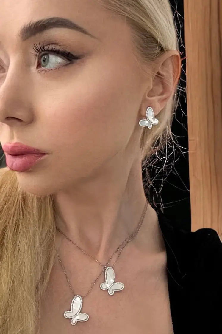 925 Silver with Mother Of Pearl Cubic Zirconia Stud Butterfly Earring Jewelry - Silver - Earrings