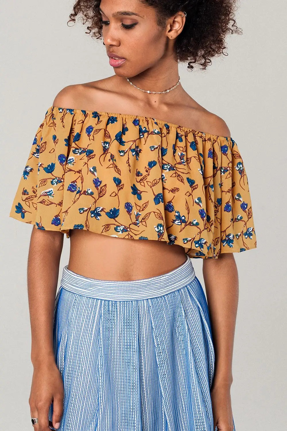 Off shoulder floral crop top in mustard - Shirts