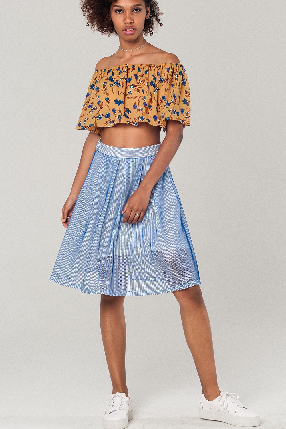 Off shoulder floral crop top in mustard