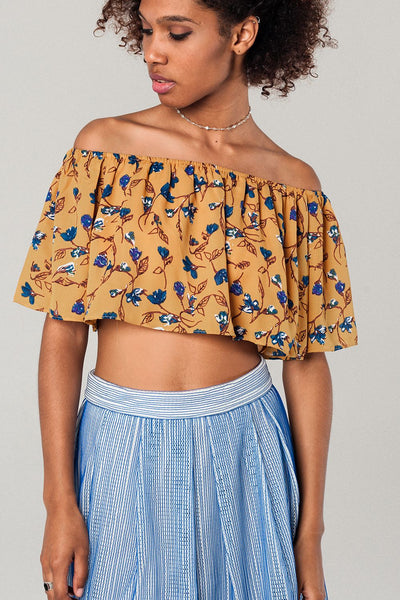 Q2 Off shoulder floral crop top in mustard