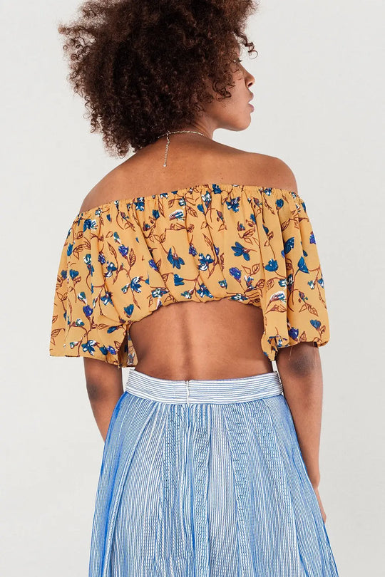 Off shoulder floral crop top in mustard - Shirts