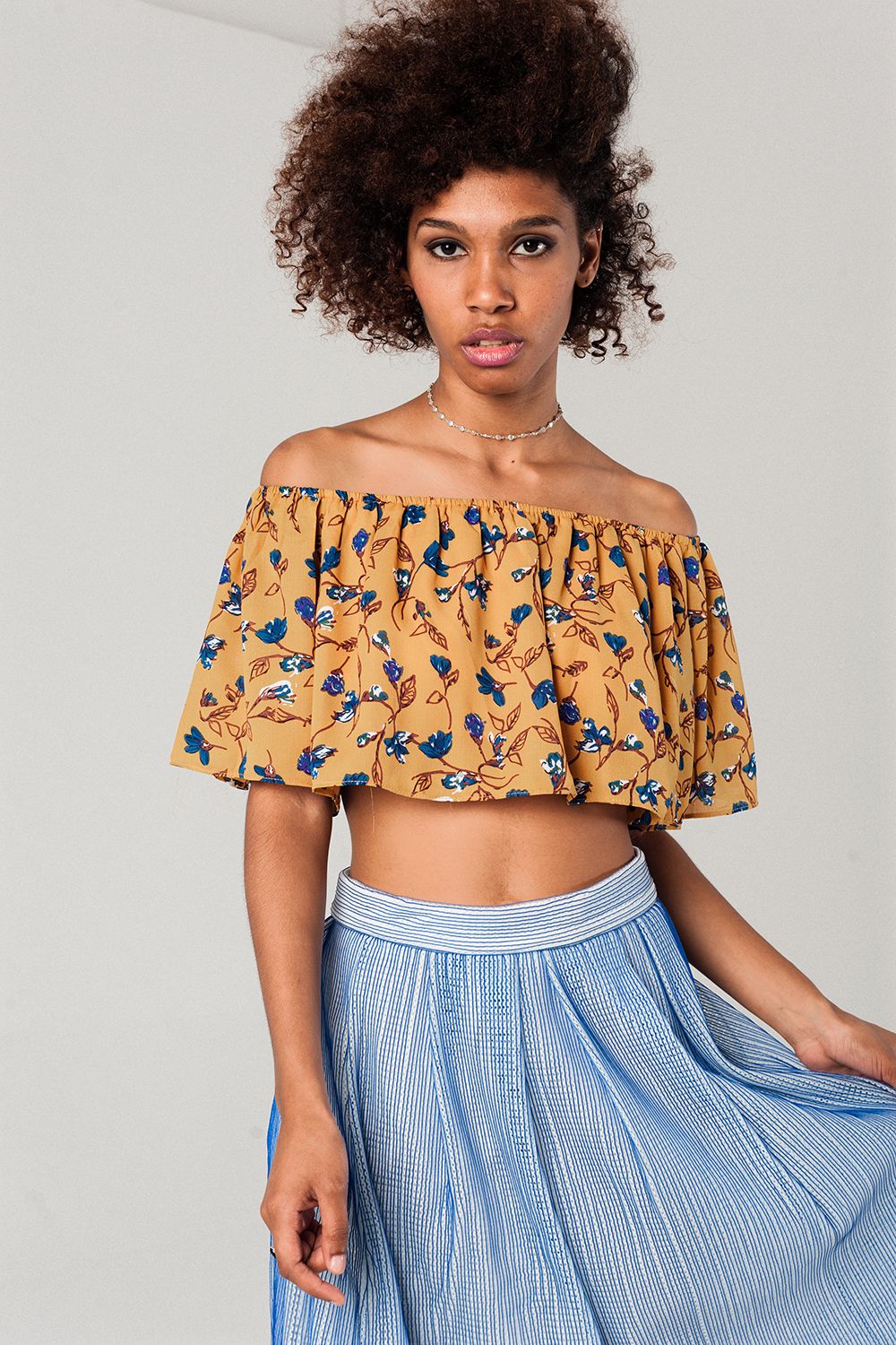 Off shoulder floral crop top in mustard