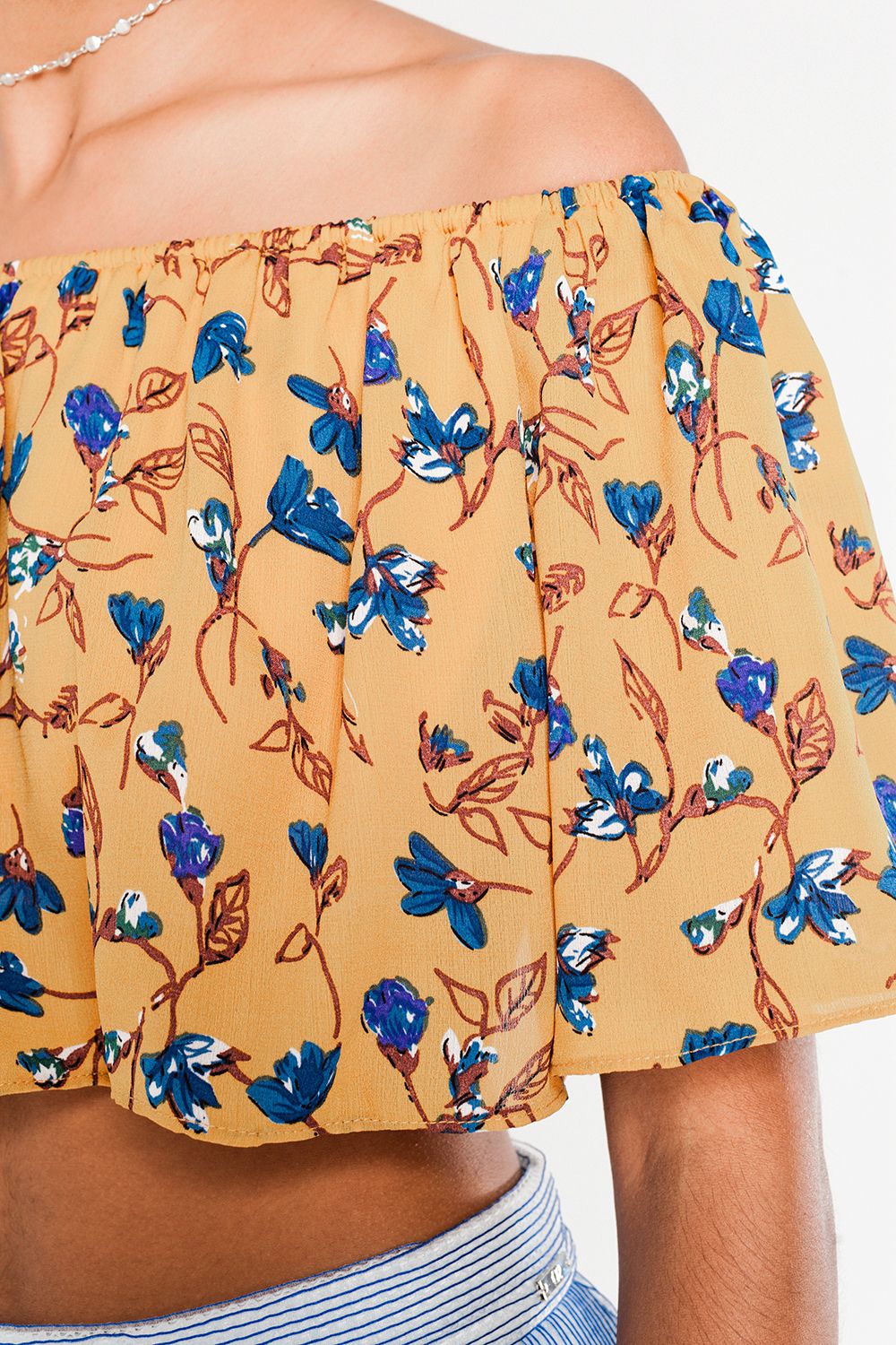 Off shoulder floral crop top in mustard