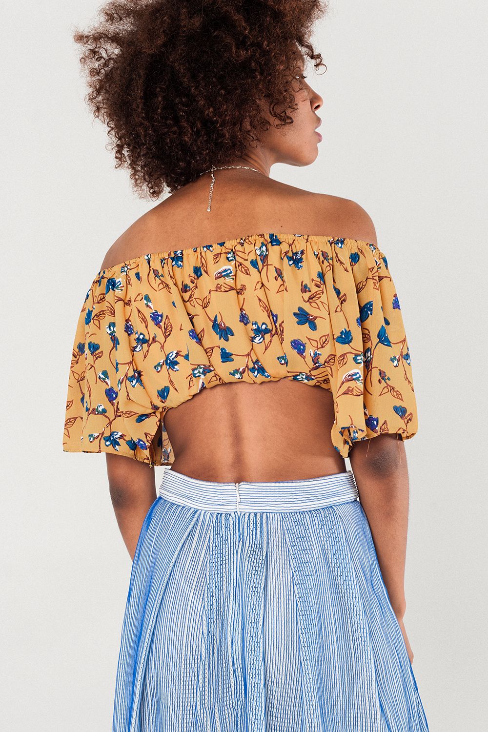 Off shoulder floral crop top in mustard