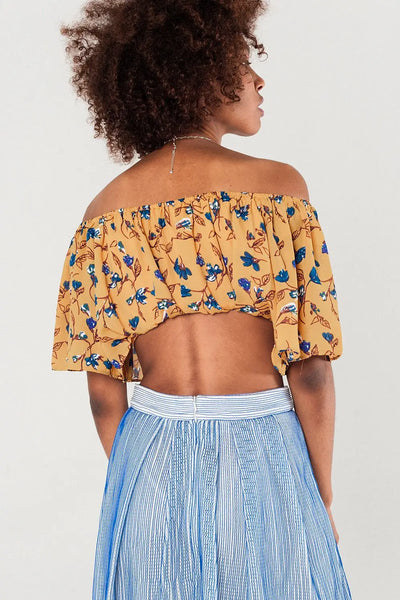 Off shoulder floral crop top in mustard - Shirts