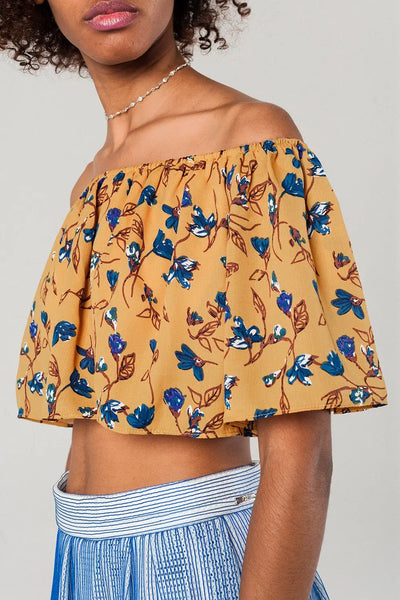Off shoulder floral crop top in mustard - Shirts