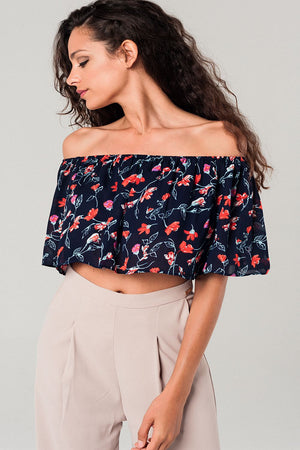 Q2 Off shoulder floral crop top in navy