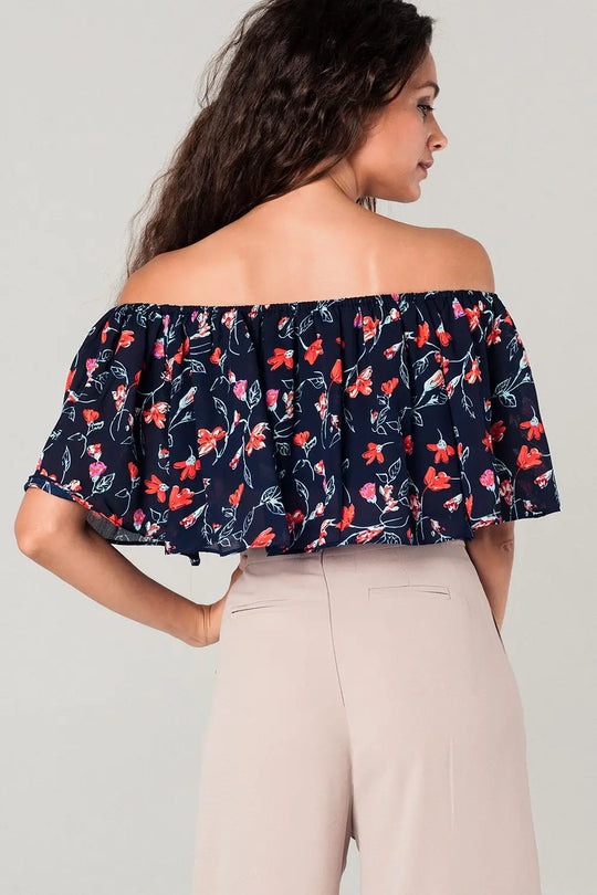 Off shoulder floral crop top in navy - Shirts
