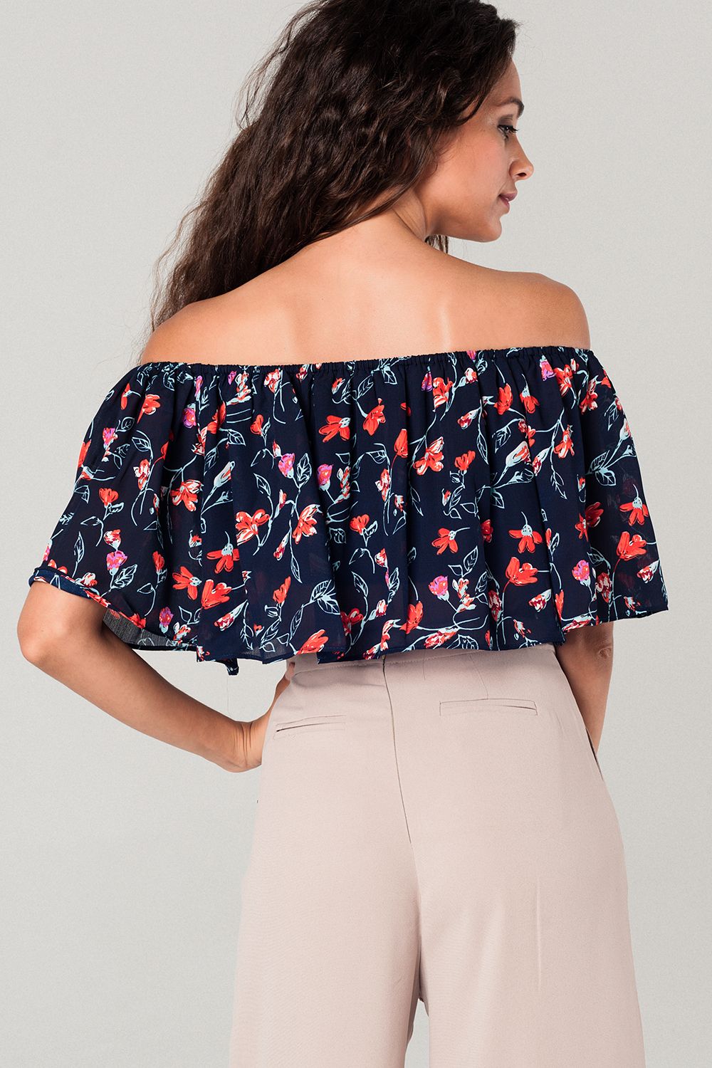 Off shoulder floral crop top in navy