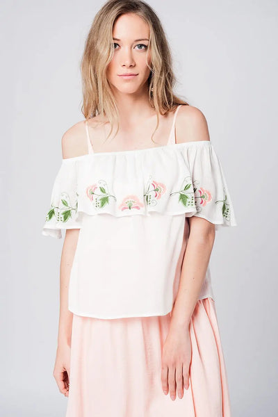 Q2 Off shoulder ruffle white blouse