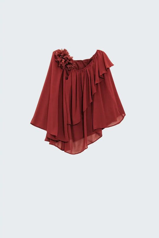 Off The Shoulder Brown Tunic With Flower On Shoulder - Shirts