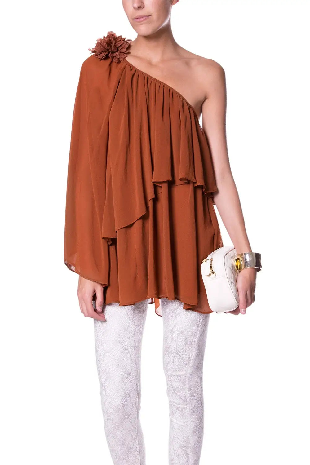 Off The Shoulder Brown Tunic With Flower On Shoulder - Shirts