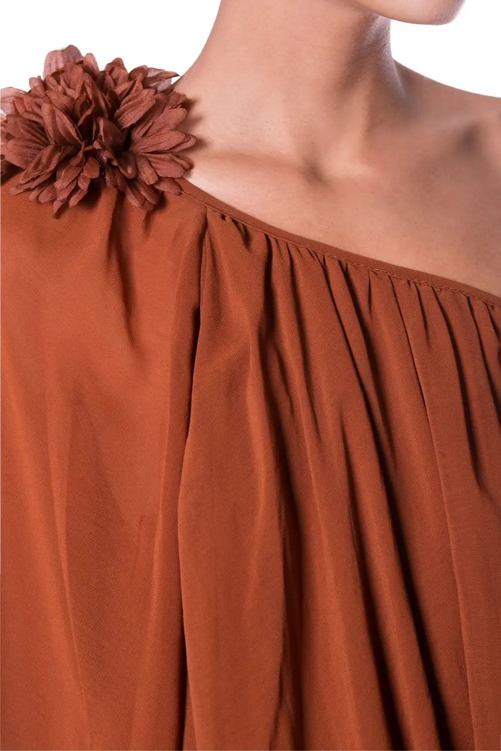 Off The Shoulder Brown Tunic With Flower On Shoulder - Shirts