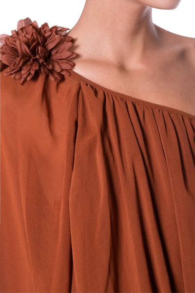 Off The Shoulder Brown Tunic With Flower On Shoulder - Shirts