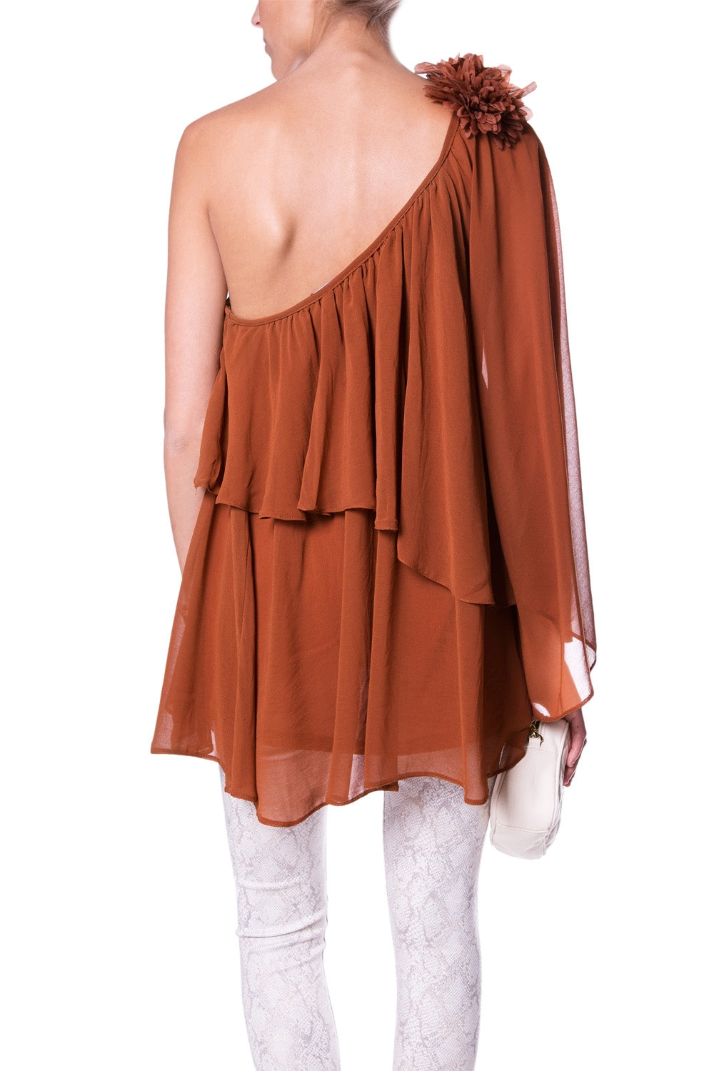 Off The Shoulder Brown Tunic With Flower On Shoulder