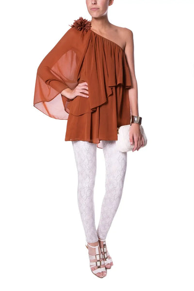 Off The Shoulder Brown Tunic With Flower On Shoulder - Shirts