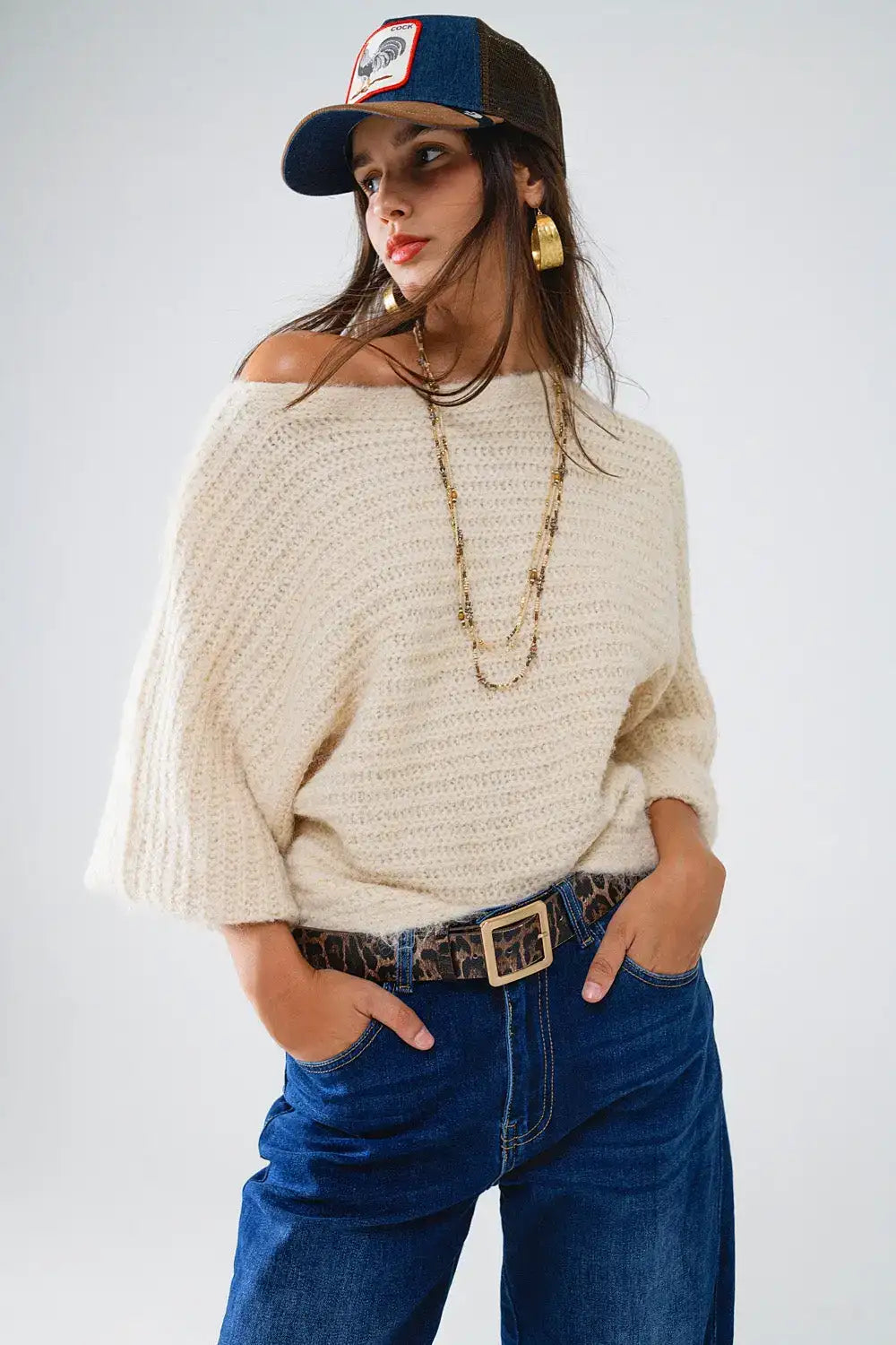 Boat Neck Chunky Rib Sweater in Cream - One Size / Beige - Sweaters