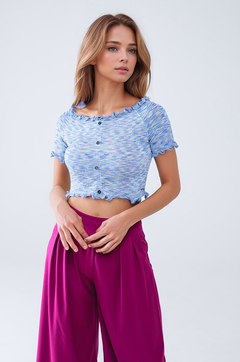 Q2 Off The Shoulder Cropped Knitted Top in Blue