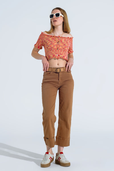 Off The Shoulder Cropped Knitted Top in Rust Melange