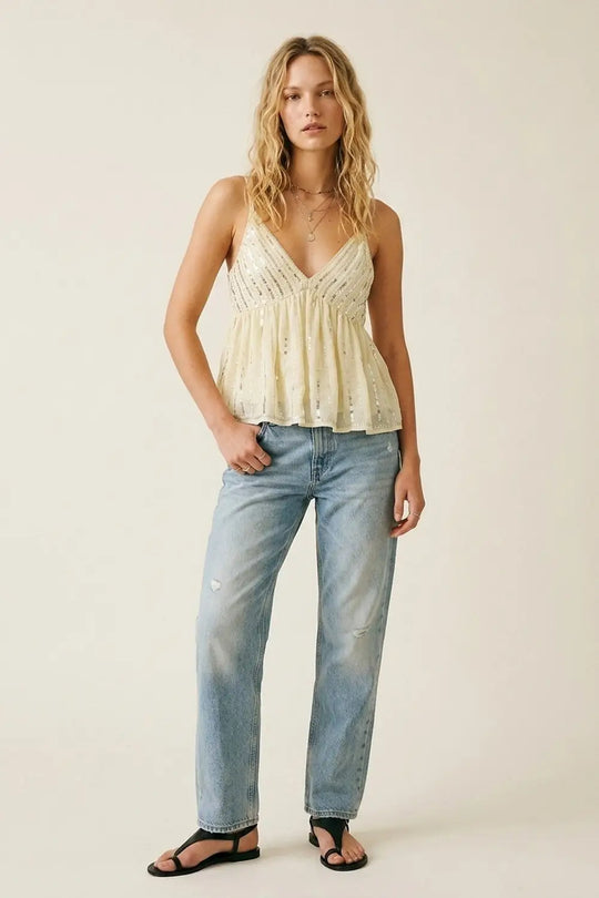 off-white Sequin Embellished V-Neck Camisole - Tops
