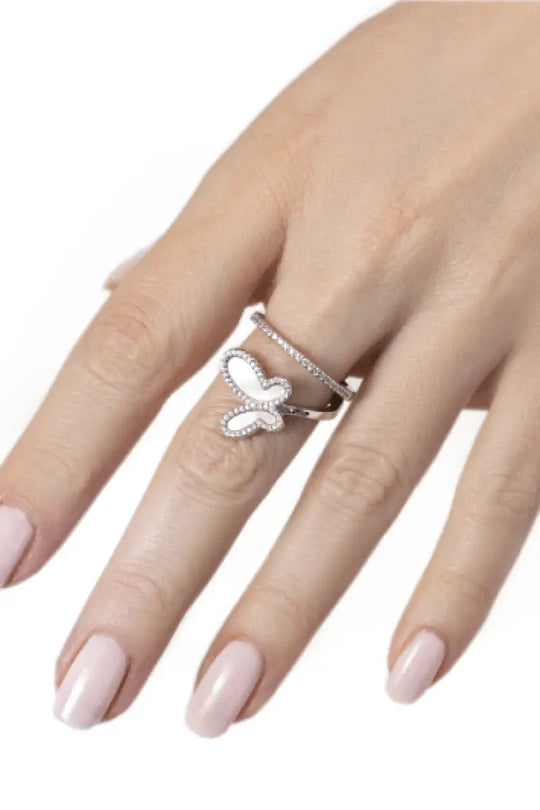 18K Rose Gold w/ Mother Of Pearl Cubic Zirconia Encrusted Swirl Butterfly Ring Jewelry