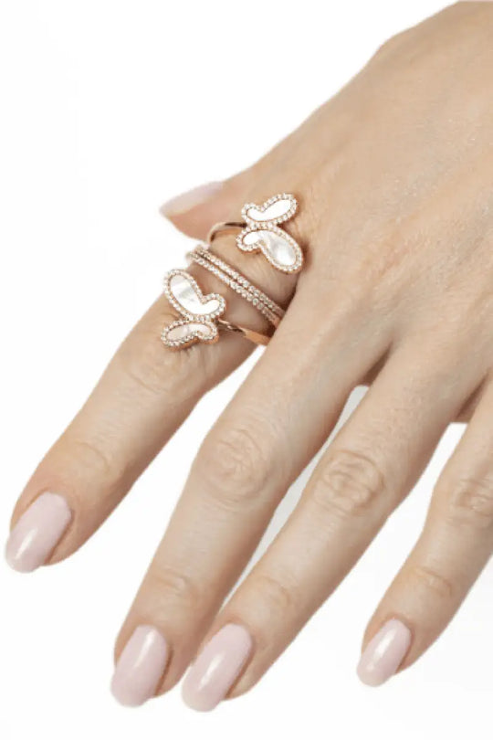 18K Rose Gold w/ Mother Of Pearl Cubic Zirconia Encrusted Swirl Butterfly Ring Jewelry