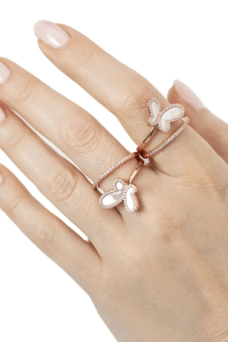 18K Rose Gold w/ Mother Of Pearl Cubic Zirconia Encrusted Swirl Butterfly Ring Jewelry