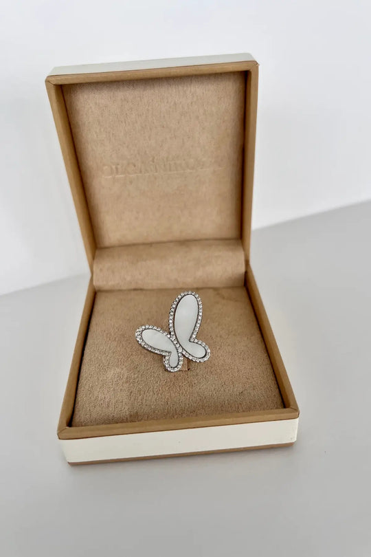 .925 Silver Ring w/ Mother Of Pearl Butterfly encrusted with Cubic Zirconia Jewelry