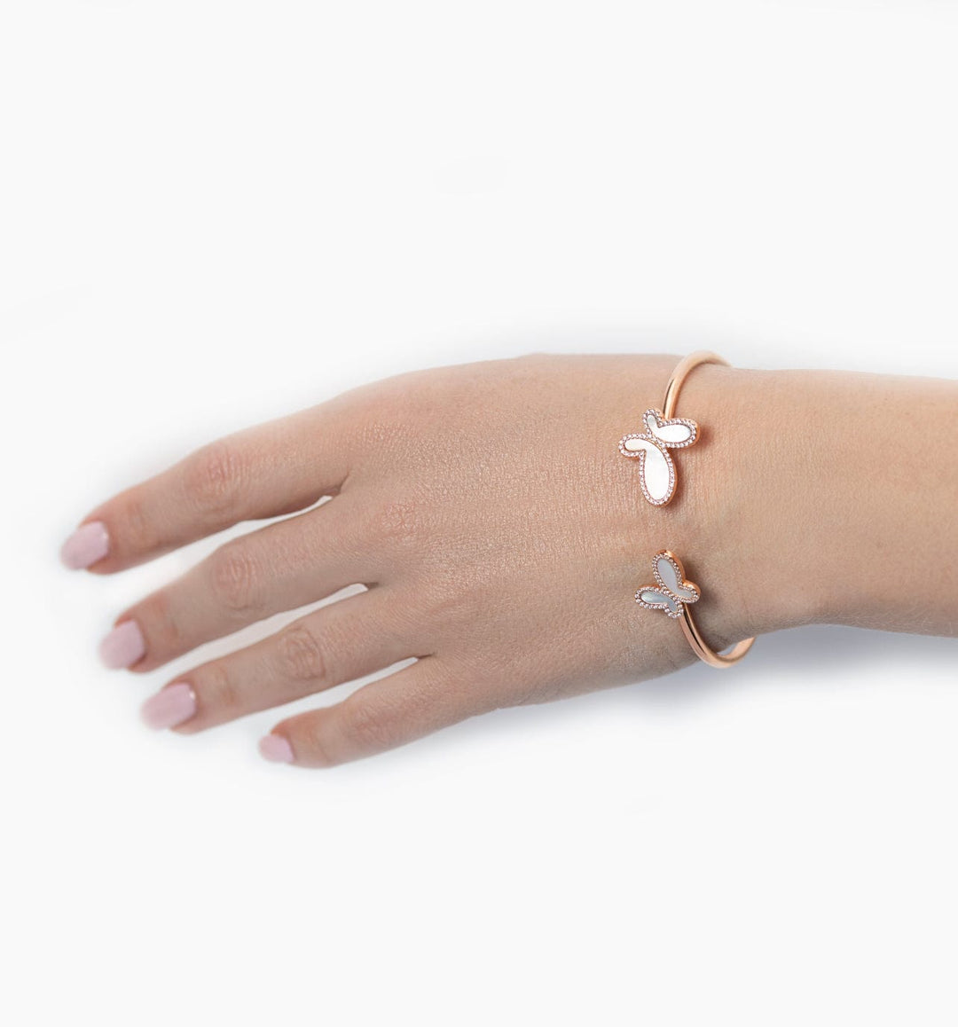 .925 Silver w/ Dual Mother Of Pearl Butterfly Bangle Bracelet Women&