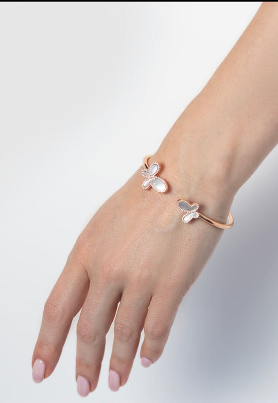 .925 Silver w/ Dual Mother Of Pearl Butterfly Bangle Bracelet Women&