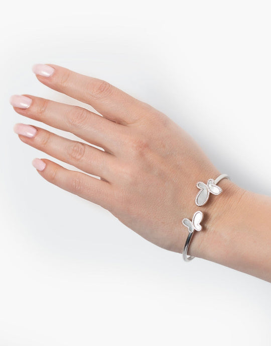 .925 Silver w/ Dual Mother Of Pearl Butterfly Bangle Bracelet Women&