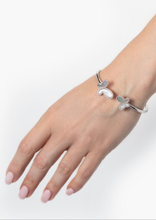 .925 Silver w/ Dual Mother Of Pearl Butterfly Bangle Bracelet Women&