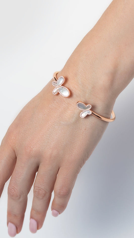 .925 Silver w/ Dual Mother Of Pearl Butterfly Bangle Bracelet Women&