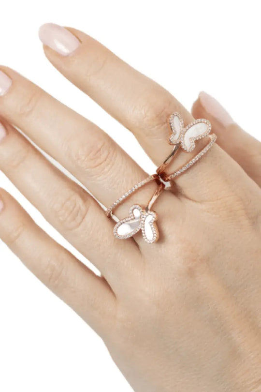 .925 Silver w/ Mother Of Pearl Cubic Zirconia Encrusted Swirl Butterfly Ring Jewelry