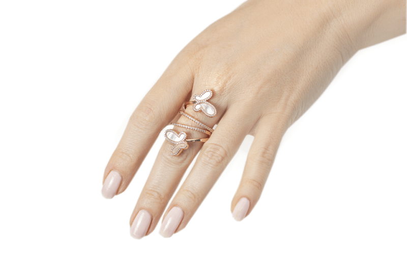 .925 Silver w/ Mother Of Pearl Cubic Zirconia Encrusted Swirl Butterfly Ring Jewelry