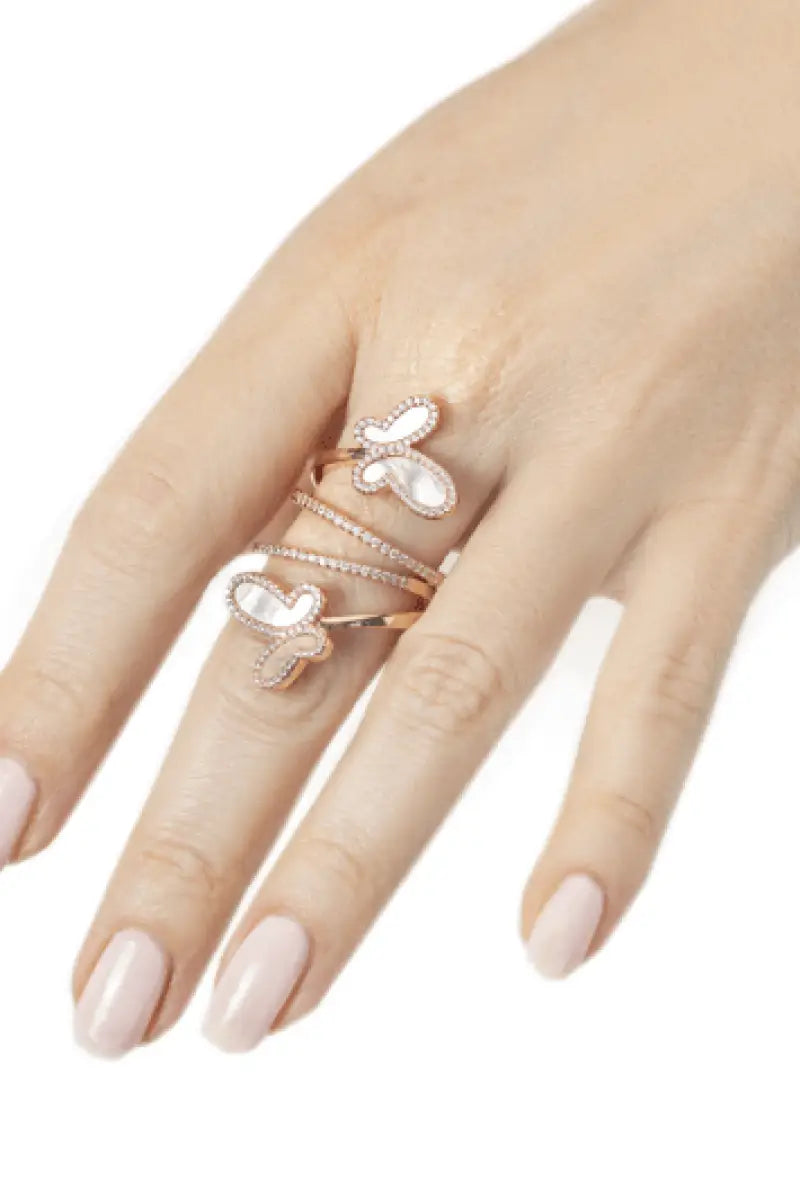 .925 Silver w/ Mother Of Pearl Cubic Zirconia Encrusted Swirl Butterfly Ring Jewelry