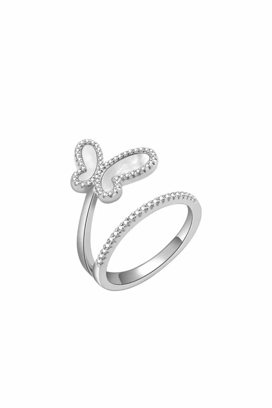 .925 Silver w/ Mother Of Pearl Cubic Zirconia Encrusted Swirl Butterfly Ring Jewelry