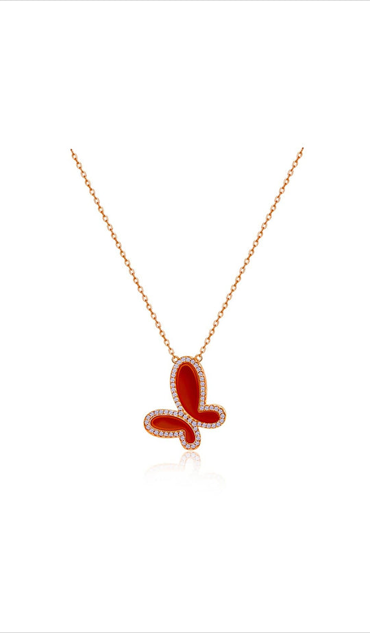 Red Agate w/ 18k Gold &amp; Cubic Zirconia Butterfly Necklace Jewelry