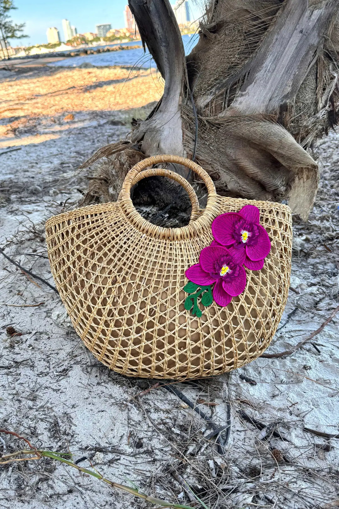 Island Orchid Straw Beach Bag