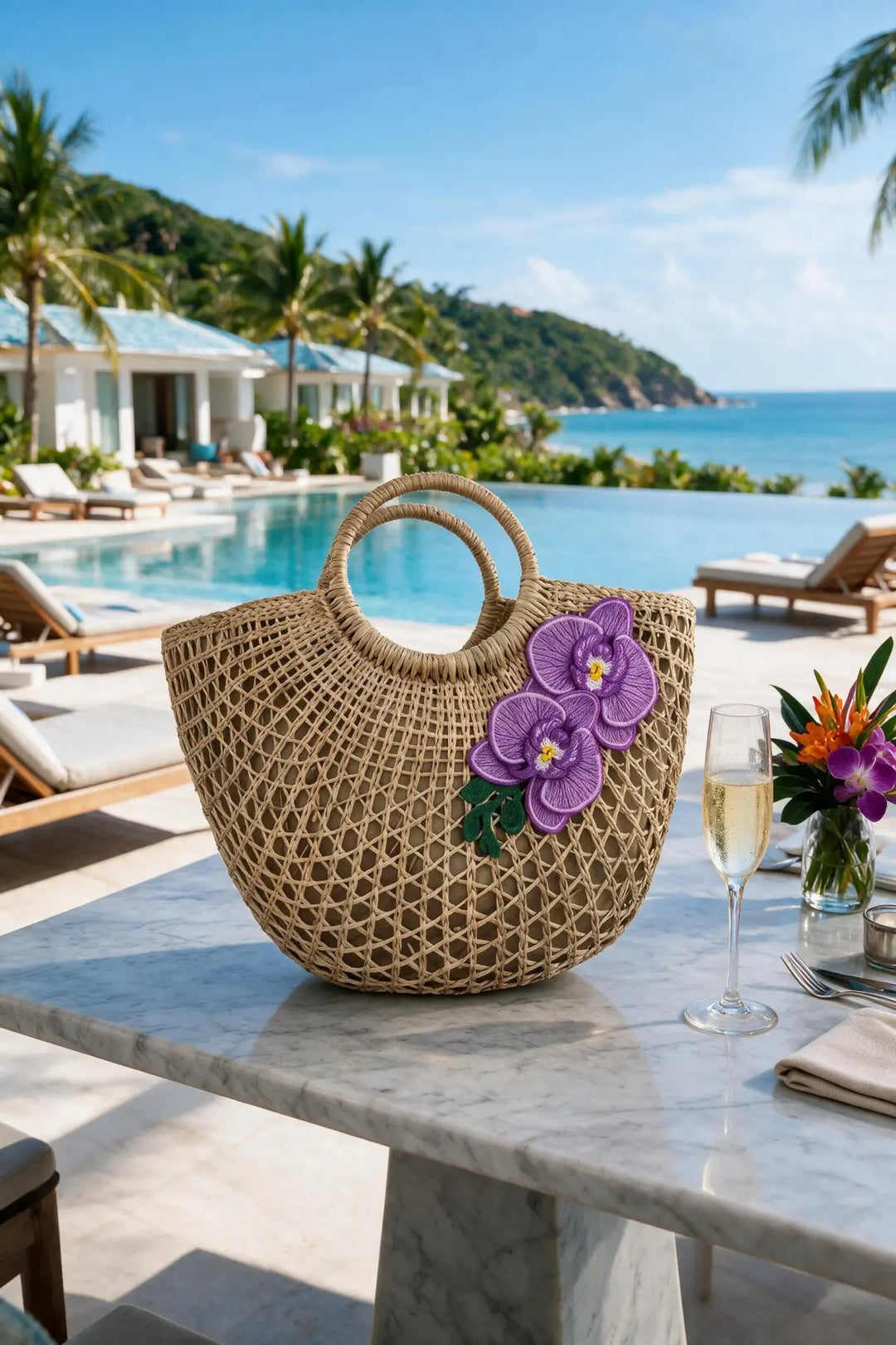 Island Orchid Straw Beach Bag