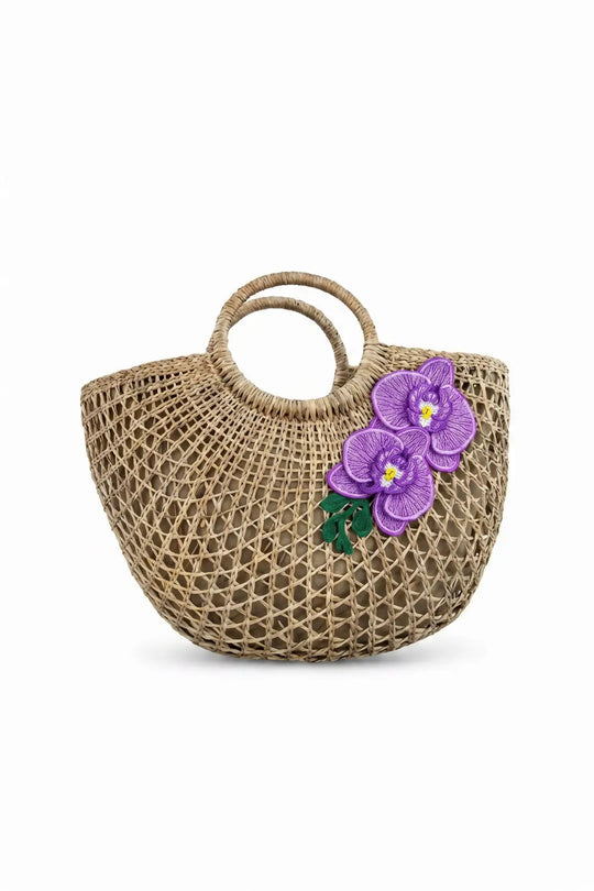 Island Orchid Straw Beach Bag
