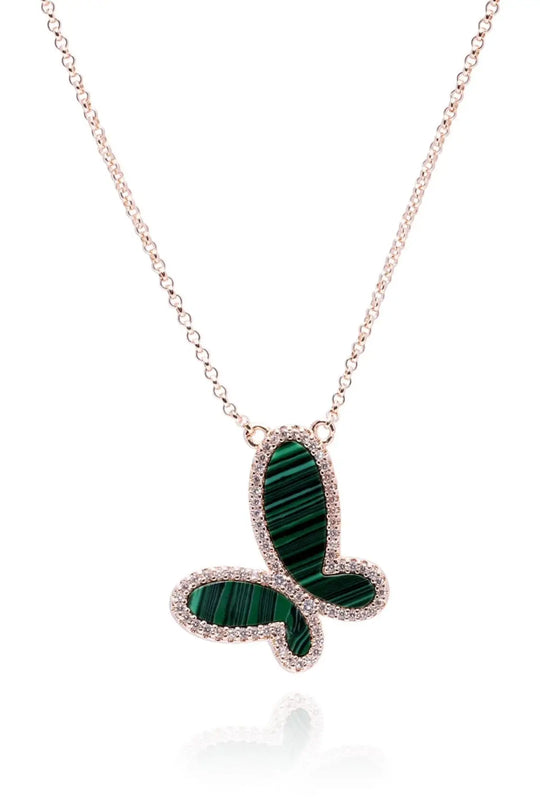 Green Malachite w/ 18k Gold &amp; Cubic Zirconia Butterfly Necklace Jewelry