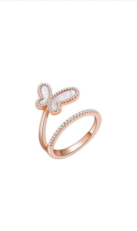 18K Rose Gold w/ Mother Of Pearl Cubic Zirconia Encrusted Swirl Butterfly Ring Jewelry
