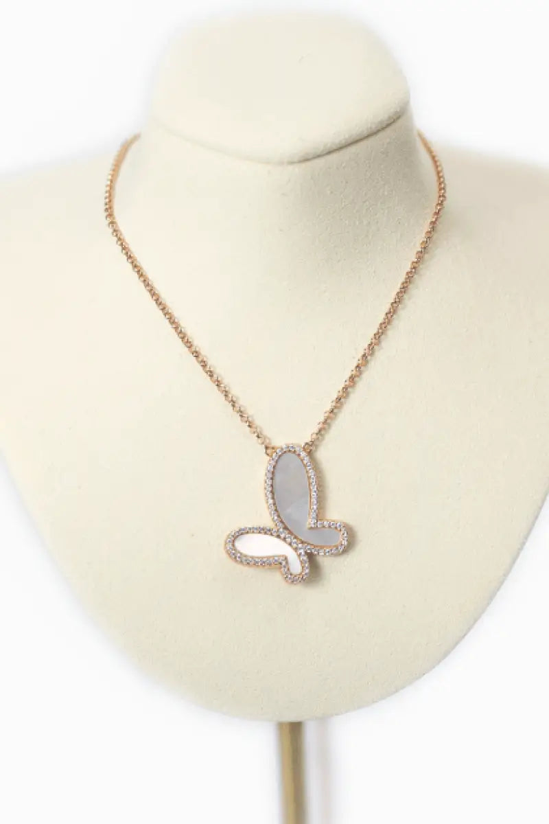 Silver Mother of Perl &amp; Cubic Zirconia Butterfly Necklace Jewelry