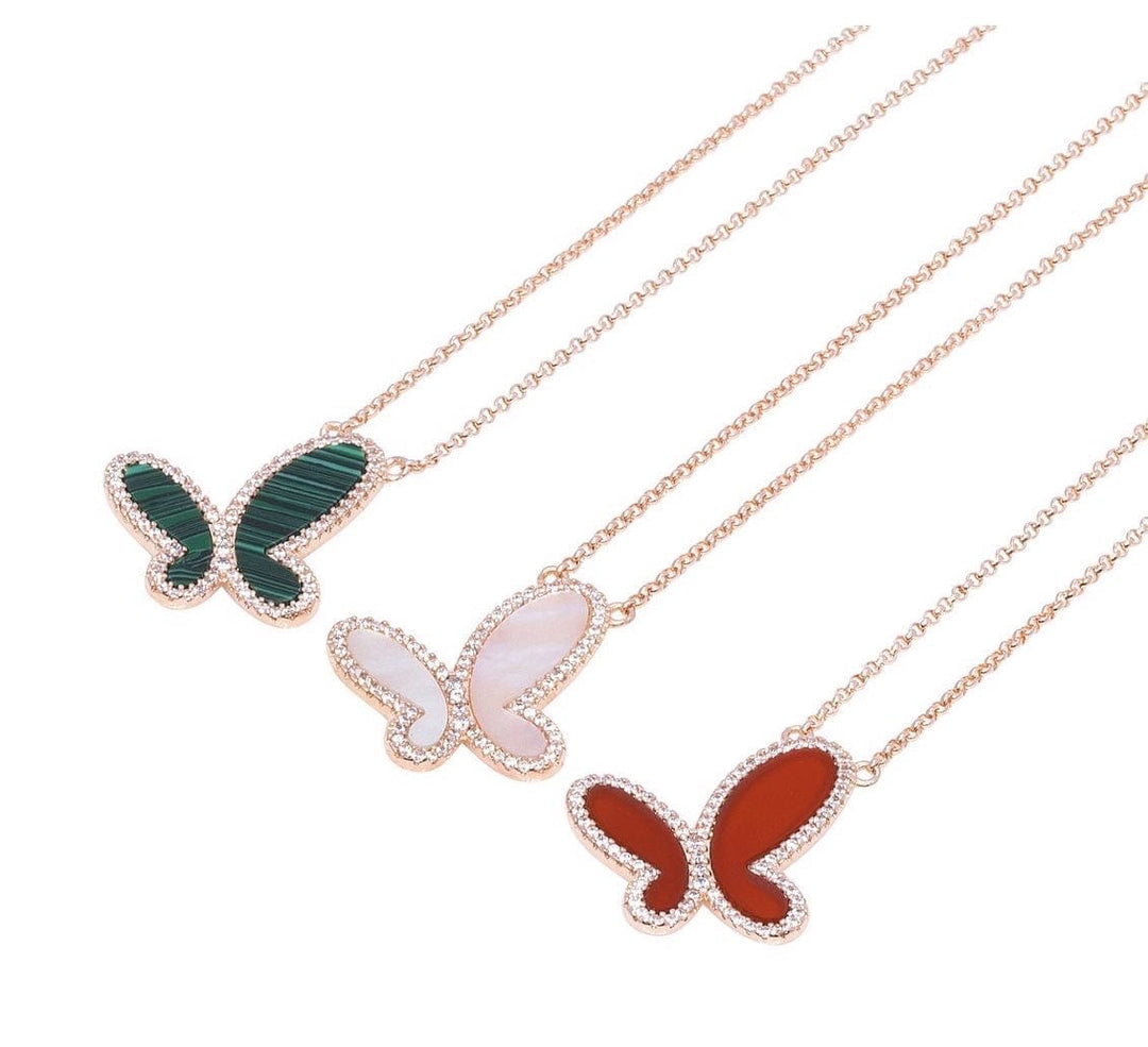 Silver Mother of Perl &amp; Cubic Zirconia Butterfly Necklace Jewelry